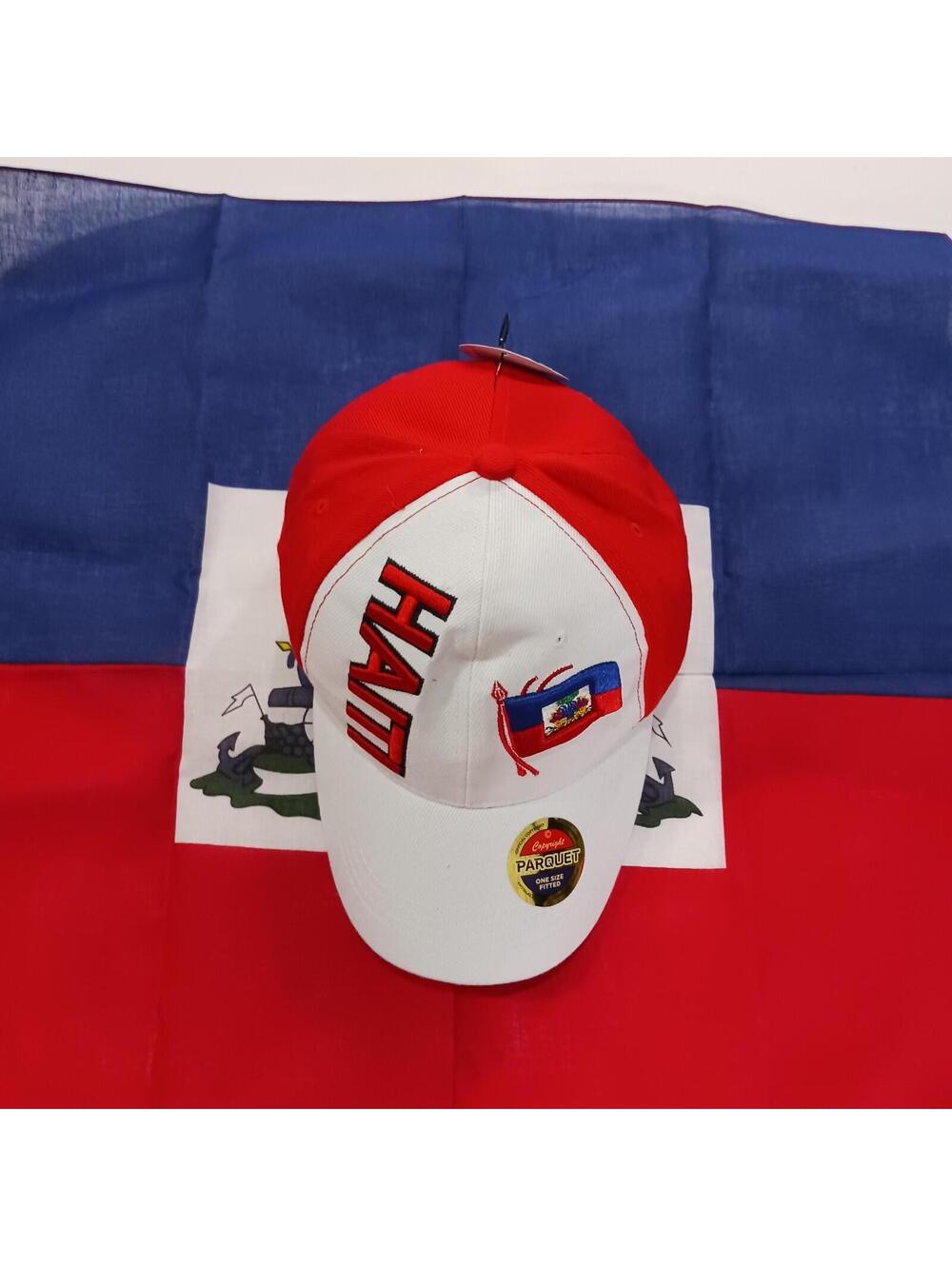 Parquet Haiti Mens Back Strap White Cotton Baseball Cap Hat + Haiti Flag Bandana